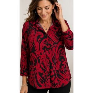 Chico’s Red Black Paisley Button Front Stretch Cotton Blouse Size 2.5 Chico